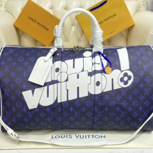 Replica Louis Vuitton M45874 LV Keepall Bandoulière 55 bag in Blue vintage Monogram canvas