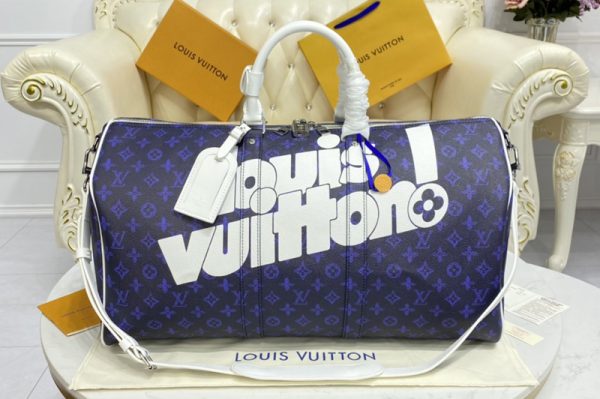 Replica Louis Vuitton M45874 LV Keepall Bandoulière 55 bag in Blue vintage Monogram canvas