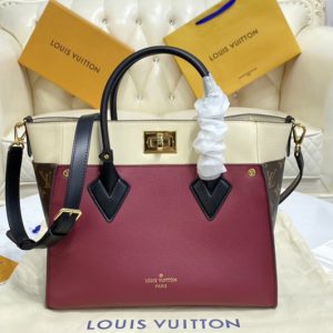 Replica Louis Vuitton M56934 LV On My Side MM tote bag in Wine Calfskin and Monogram coated canvas