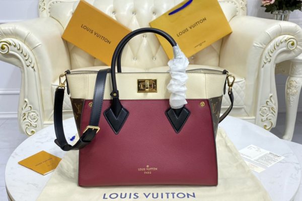 Replica Louis Vuitton M56934 LV On My Side MM tote bag in Wine Calfskin and Monogram coated canvas