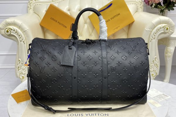 Replica Louis Vuitton M57964 LV Keepall Bandoulière 50 Travel Bag in Black Monogram Seal cowhide leather