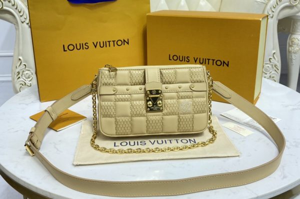 Replica Louis Vuitton M59048 LV Pochette Troca Bag in Beige Damier Quilt lamb leather