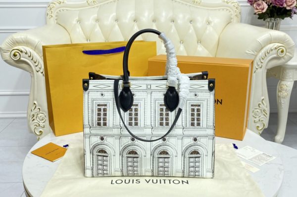 Replica Louis Vuitton M59264 LV OnTheGo MM tote bag in Black and White Printed matte calf leather