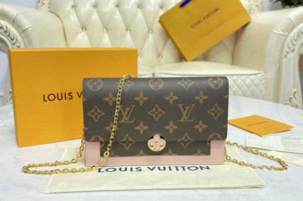 Replica Louis Vuitton M69579 LV Flore chain wallet in Monogram coated canvas and Pink calf leather