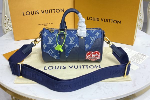 Replica Louis Vuitton M81011 LV keepall xs Bag in Blue Monogram denim and Navy Blue Taurillon leather