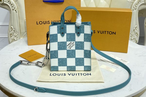 Replica Louis Vuitton N60495 LV Sac Plat XS bag in Turquoise Cowhide leather