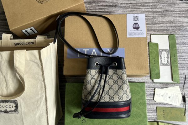 Replica Gucci 550620 Ophidia mini GG bucket bag in Beige and blue GG Supreme canvas