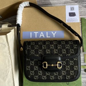 Replica Gucci ‎602204 Gucci Horsebit 1955 shoulder bag in Black and ivory GG denim jacquard