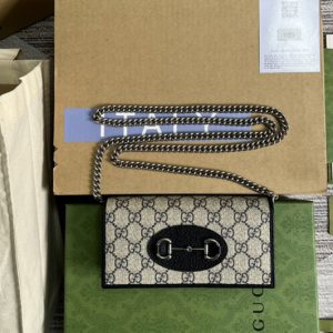 Replica Gucci 621892 Gucci Horsebit 1955 wallet with chain in Beige and blue GG Supreme canvas