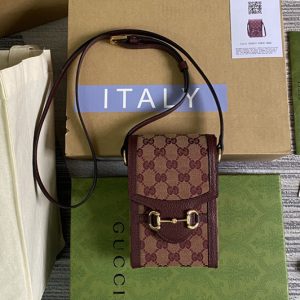 Replica Gucci ‎‎625615 Gucci Horsebit 1955 mini bag in Beige and bordeaux Original GG canvas