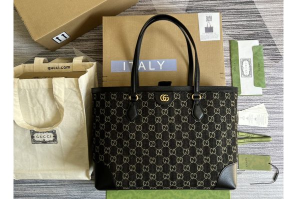 Replica Gucci ‎631685 Ophidia medium tote with Web Bag in Black and ivory GG denim jacquard