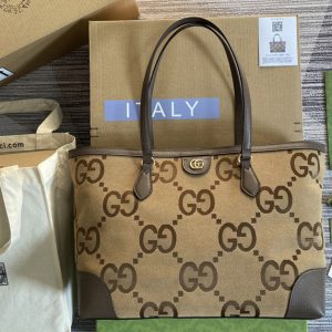 Replica Gucci 631685 Ophidia jumbo GG medium tote Bag in Camel and ebony jumbo GG canvas