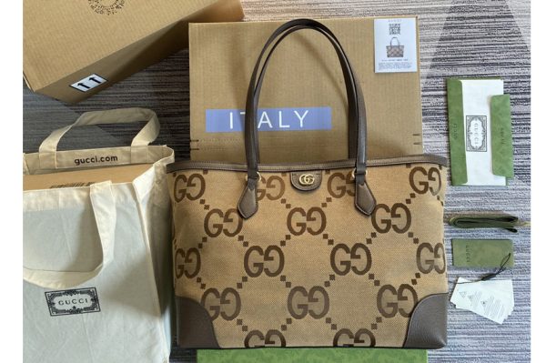 Replica Gucci 631685 Ophidia jumbo GG medium tote Bag in Camel and ebony jumbo GG canvas