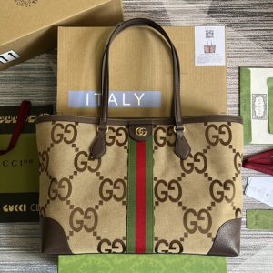 Replica Gucci 631685 Ophidia jumbo GG medium tote Bag in Camel and ebony jumbo GG canvas