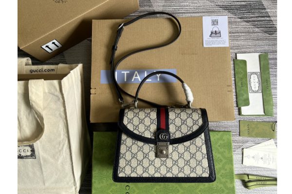 Replica Gucci 651055 Ophidia small top handle bag in Beige and blue GG Supreme canvas