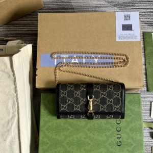 Replica Gucci 652681 Jackie 1961 chain wallet in Black and ivory GG denim jacquard