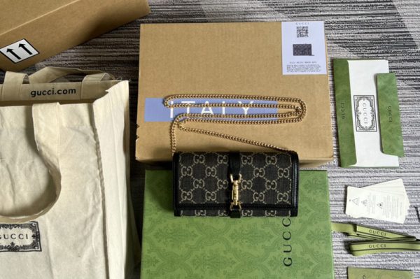 Replica Gucci 652681 Jackie 1961 chain wallet in Black and ivory GG denim jacquard