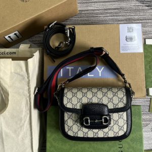 Replica Gucci 658574 Gucci Horsebit 1955 GG mini bag in Beige and blue GG Supreme canvas