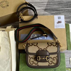 Replica Gucci 658574 Gucci Horsebit 1955 jumbo GG mini bag in Camel and ebony jumbo GG canvas