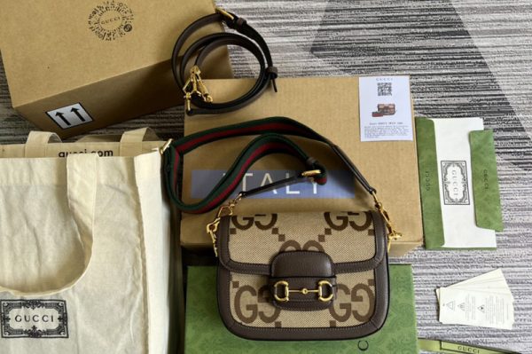 Replica Gucci 658574 Gucci Horsebit 1955 jumbo GG mini bag in Camel and ebony jumbo GG canvas