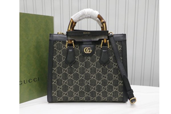 Replica Gucci 660195 Gucci Diana jumbo GG small tote bag in Black and ivory GG denim jacquard