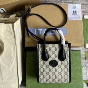 Replica Gucci 671623 Mini tote bag with Interlocking G in Beige and blue GG Supreme canvas