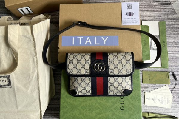 Replica Gucci 674081 Ophidia belt bag in Beige and blue GG Supreme canvas