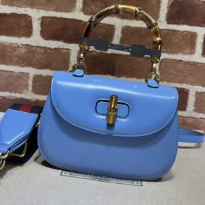 Replica Gucci ‎675797 Small top handle bag with Bamboo in Blue leather