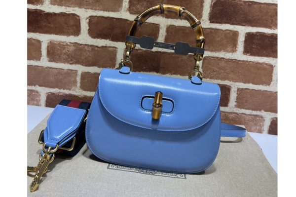 Replica Gucci ‎675797 Small top handle bag with Bamboo in Blue leather