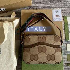 Replica Gucci 675891 Messenger bag with jumbo GG in Camel and ebony jumbo GG canvas