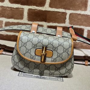 Replica Gucci 681137 Gucci Bamboo 1947 mini belt bag in Beige and ebony GG Supreme canvas