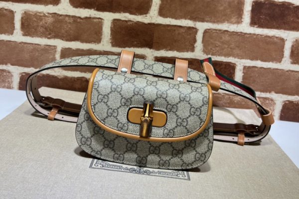 Replica Gucci 681137 Gucci Bamboo 1947 mini belt bag in Beige and ebony GG Supreme canvas