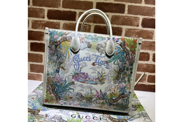 Replica Gucci 687827 Gucci Tiger GG medium tote bag in White Leather