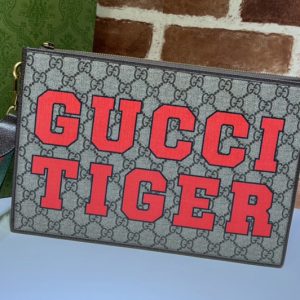 Replica Gucci 688378 Gucci Tiger Pouch Bag in Beige and ebony GG Supreme canvas