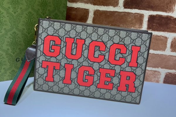 Replica Gucci 688378 Gucci Tiger Pouch Bag in Beige and ebony GG Supreme canvas