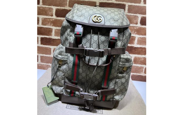 Replica Gucci 690999 GG skateboard backpack with Web in Beige and ebony GG Supreme canvas