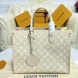 Replica Louis Vuitton M46128 LV OnTheGo tote bag on Beige/Pink/Yellow Monogram Empreinte Leather