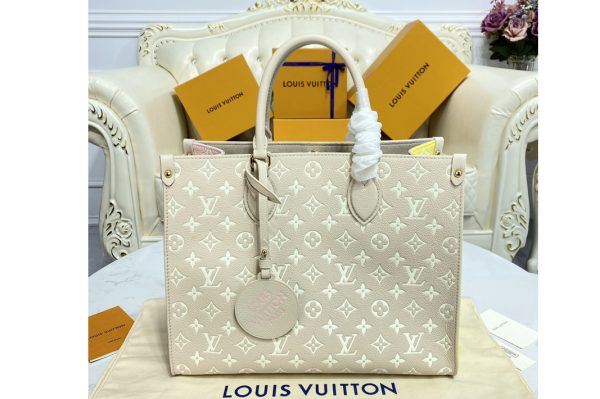 Replica Louis Vuitton M46128 LV OnTheGo tote bag on Beige/Pink/Yellow Monogram Empreinte Leather