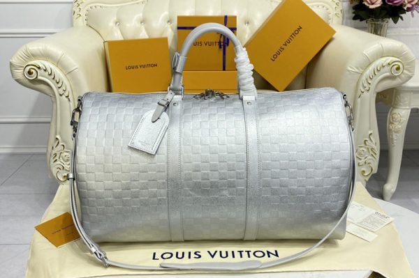 Replica Louis Vuitton N58041 LV Keepall 50 Bandouliere bag in Silver Cowhide leather