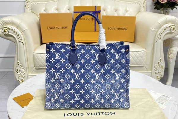 Replica Louis Vuitton M59608 LV Onthego MM tote Bag on Navy Blue Monogram denim jacquard