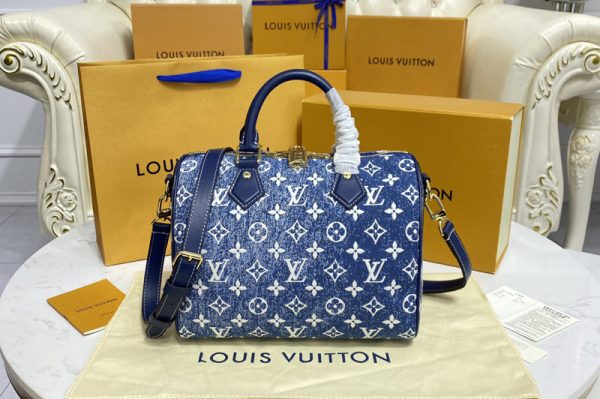 Replica Louis Vuitton M59609 LV Speedy Bandoulière 25 handbag in Navy Blue Monogram denim jacquard