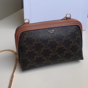 Replica Celine 10E382 clutch with chain in Brown triomphe canvas and Tan lambskin