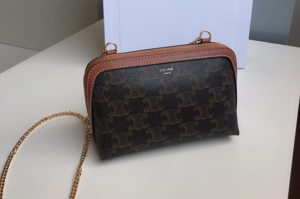 Replica Celine 10E382 clutch with chain in Brown triomphe canvas and Tan lambskin