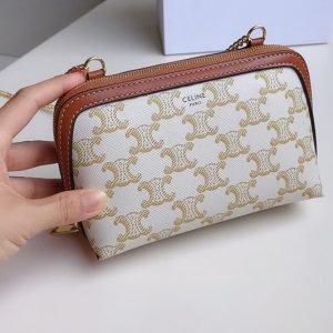 Replica Celine 10E382 clutch with chain in White triomphe canvas and Tan lambskin