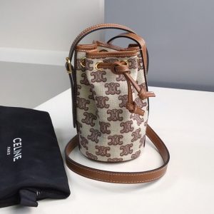 Replica Celine 10H492 Micro Drawstring Bag in textile with triomphe embroidery Vintage Brown