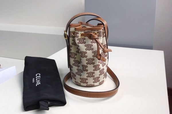 Replica Celine 10H492 Micro Drawstring Bag in textile with triomphe embroidery Vintage Brown