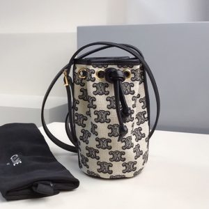 Replica Celine 10H492 Micro Drawstring Bag in textile with triomphe embroidery Vintage Black