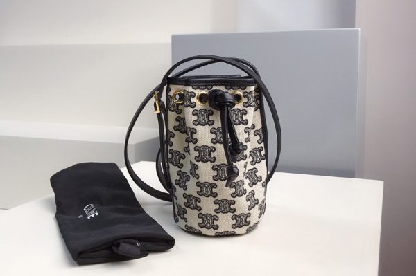 Replica Celine 10H492 Micro Drawstring Bag in textile with triomphe embroidery Vintage Black