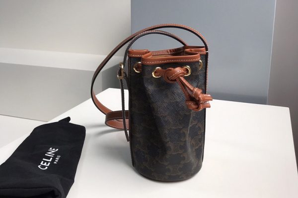 Replica Celine 10H492 Micro Drawstring Bag in textile with triomphe embroidery Brown