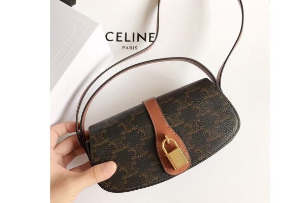 Replica Celine 10I592 CLUTCH ON STRAP IN TRIOMPHE CANVAS AND Tan CALFSKIN